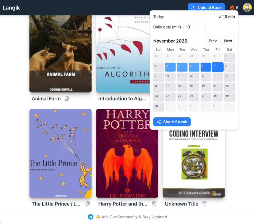 Reading streaks and daily goals feature in Langik